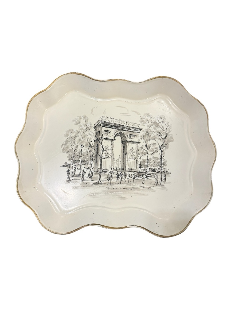 Large Decorative White Scalloped Metal Platter with Paris Motif Arc de Triomphe